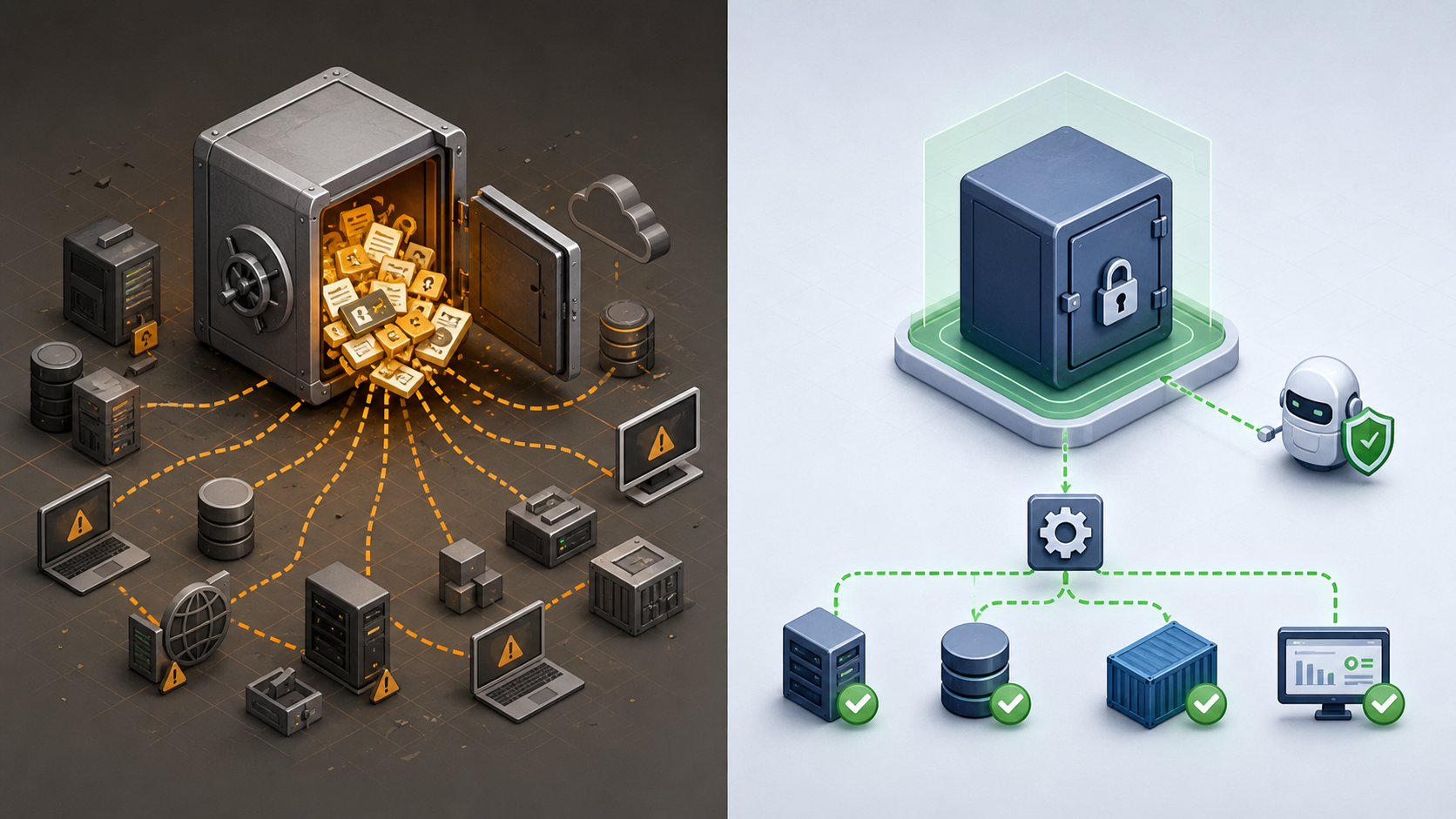 Comparison of risky full-vault access against a safer scoped machine-account vault for homelab automation.
