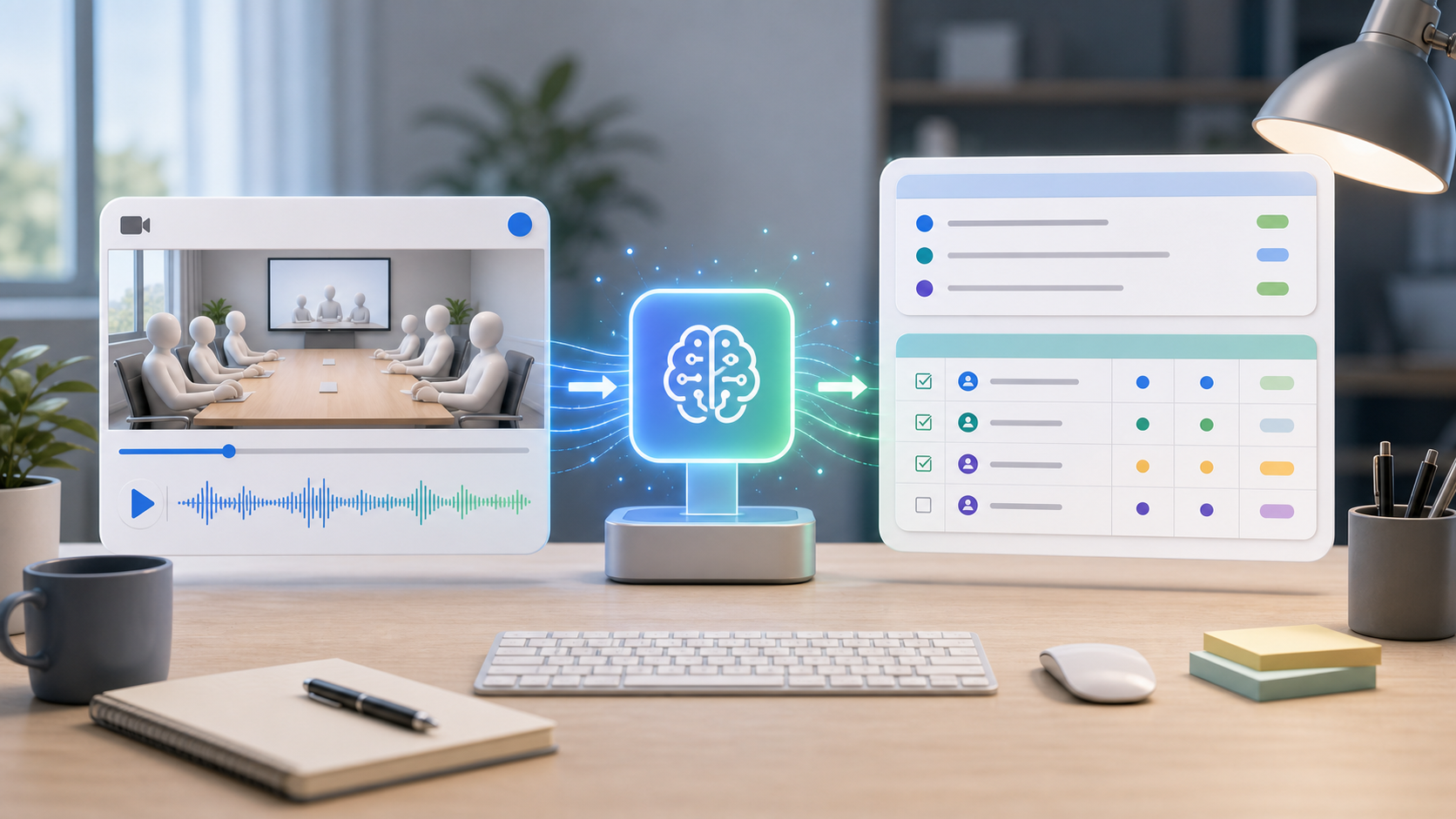 Meeting video and audio converted through an AI review step into an organized action item table.
