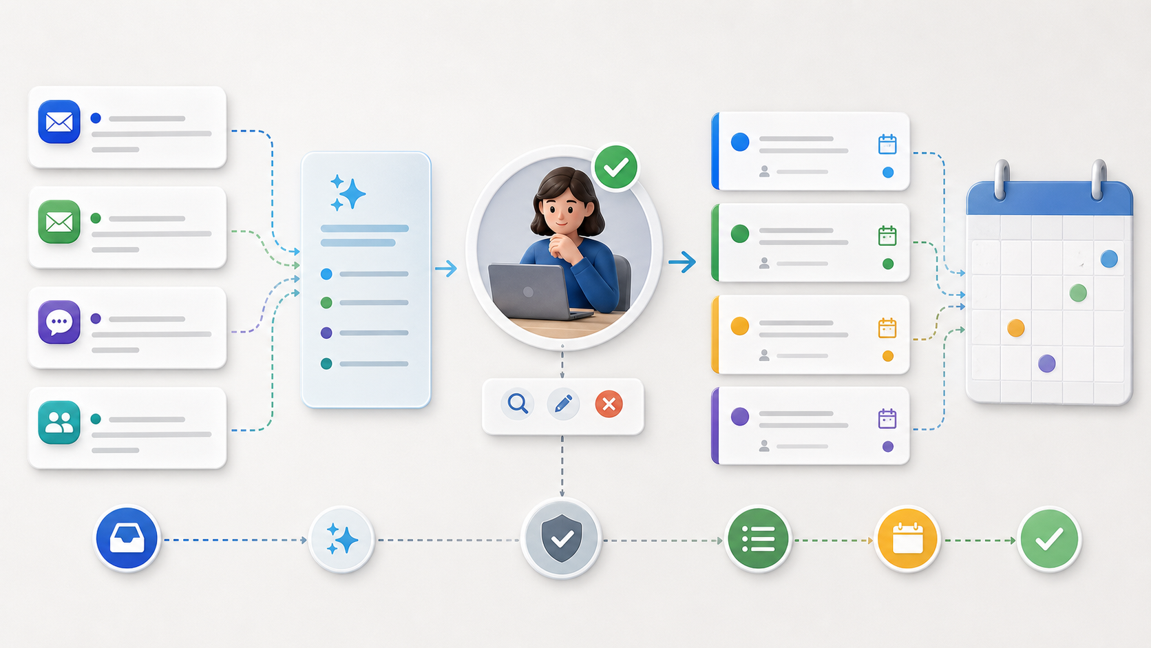 Messages flow through an AI extraction step and a human review checkpoint before becoming due-date tasks.