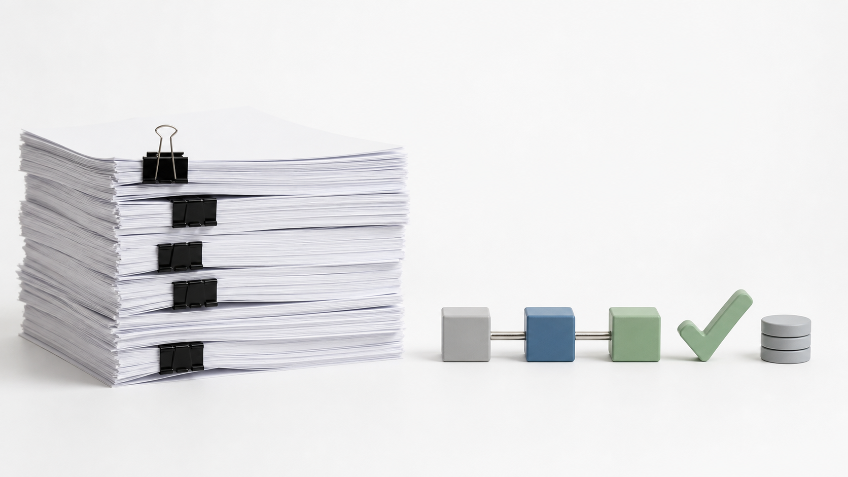 A stack of documents beside connected prototype blocks, representing a move from document-heavy delivery to validated applications.