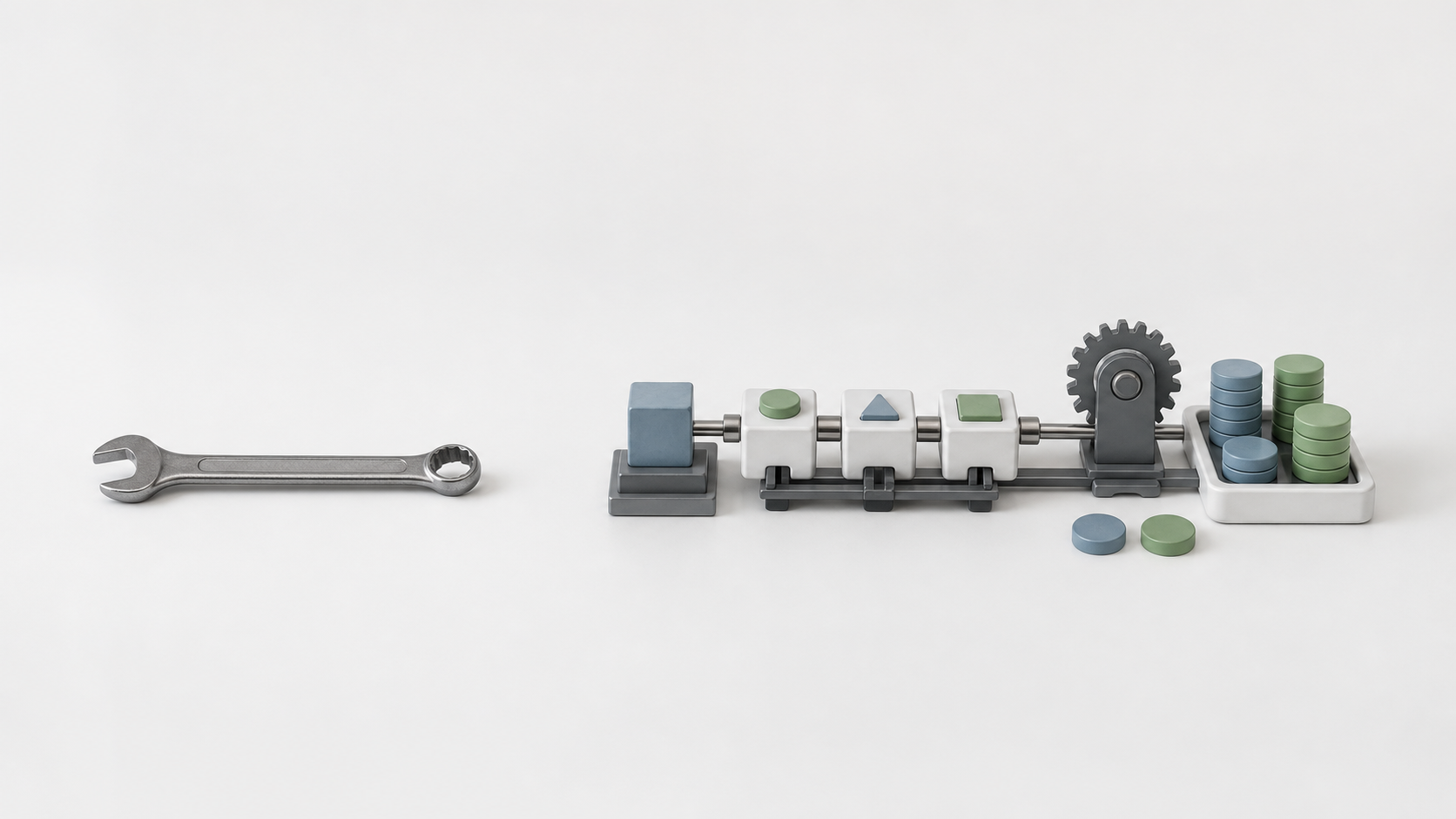 A single tool placed beside a repeatable delivery system, showing that tools are secondary to operating discipline.