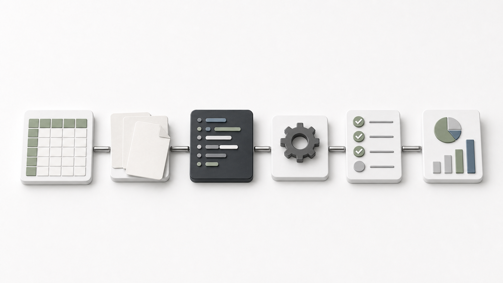 Minimal spreadsheet automation workflow with prompt cards, code blocks, a gear, and a review checklist.