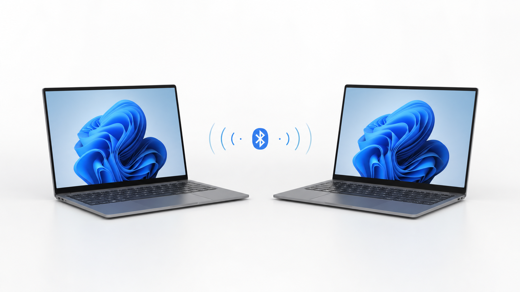 Two Windows 11 laptops connected by a Bluetooth PAN link on a white background.
