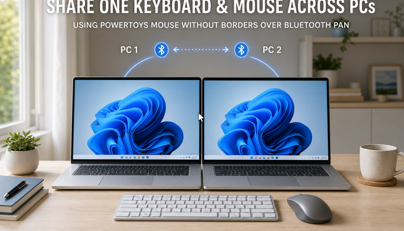 Two Windows 11 laptops sharing one keyboard and mouse over a Bluetooth PAN connection