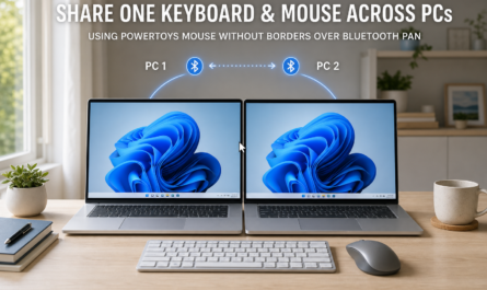 Two Windows 11 laptops sharing one keyboard and mouse over a Bluetooth PAN connection