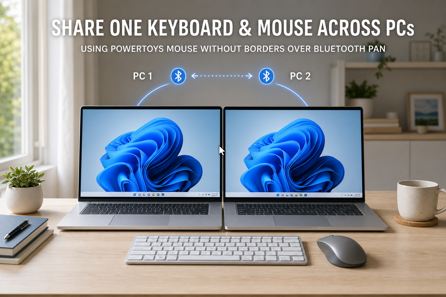 Two Windows laptops sharing one keyboard and mouse across a small Bluetooth PAN network on a white background.
