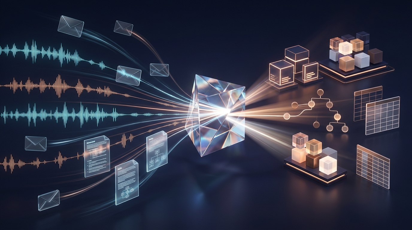 Unstructured meeting audio waveforms, email threads, and SOP PDFs funneling into a central prism that outputs structured schema data blocks