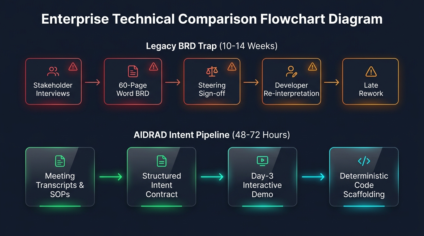 Legacy BRD Trap vs AIDRAD Structured Intent Engineering Pipeline