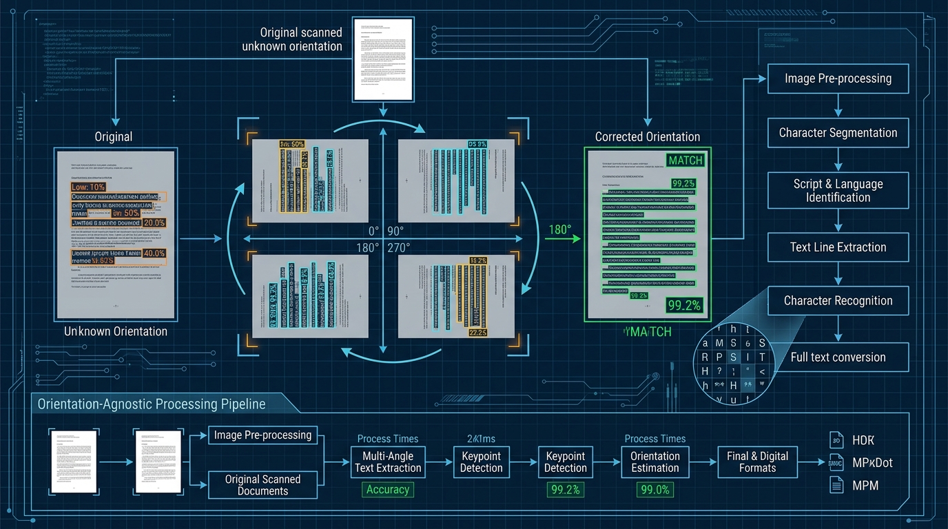 A document page evaluated across four 90-degree rotational angles with OCR confidence bounding boxes on a dark blueprint background